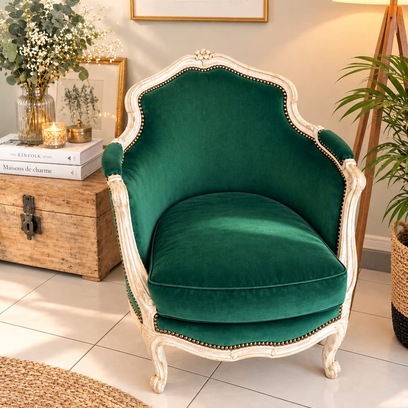 Vente avec paiement en ligne: Fauteuil bergère Louis XV velours vert bouteille
